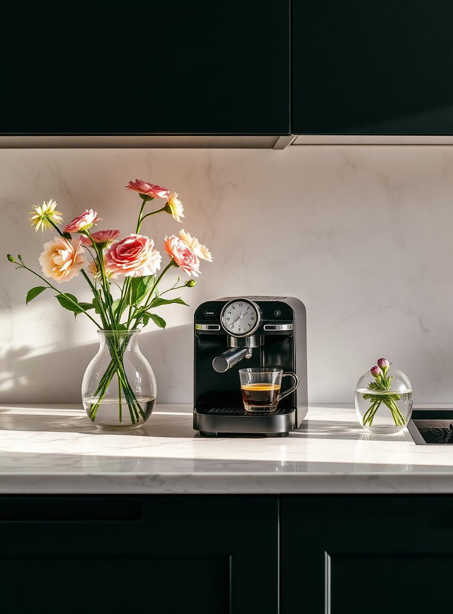 Designer-Küche mit Espressomaschine und frischen Blumen