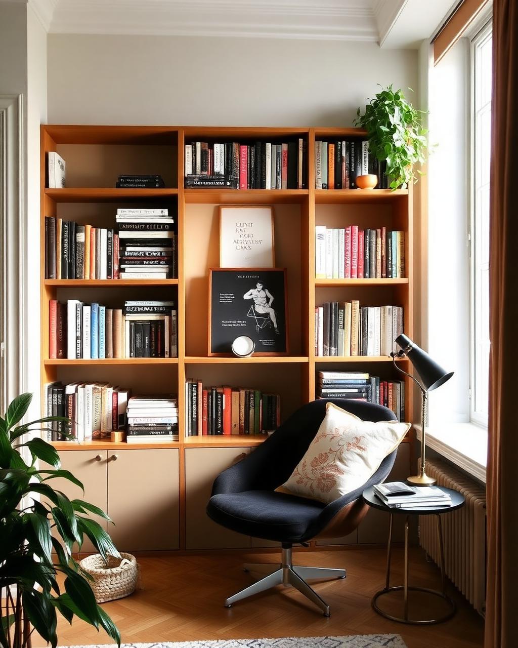 Gemütliche Leseecke mit Designer-Sessel und Bücherregal